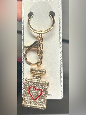 Gold-Tone Perfume Bottle Keychain with Red Heart Accent